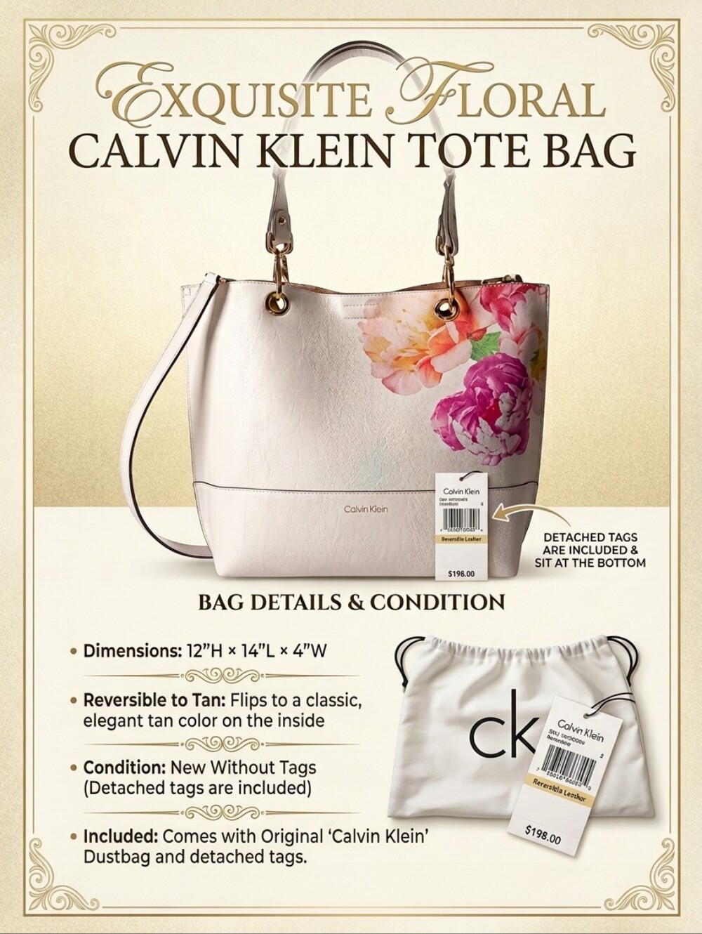 Calvin Klein White With Peonies Reversible Sonoma Tote White Tan On Reverse NWOT